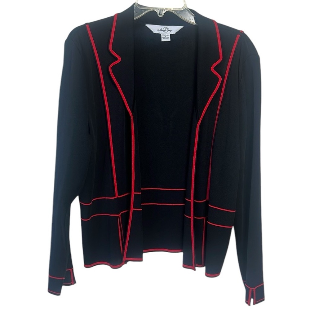 Ming Wang Black and Red Open Front Long Sleeve Knit Cardigan Size Large